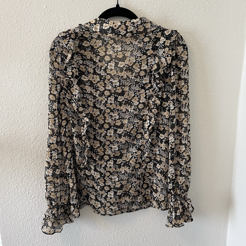 Tahari Women's Blouse Size S Black Floral Chiffon Ruffles Romantic Cottage Fairy - Picture 9 of 15